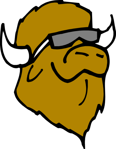 The image features a cartoon depiction of an animal with large horns wearing sunglasses on its eyes, which is styled to resemble a buffalo's head in profile view against a black background.