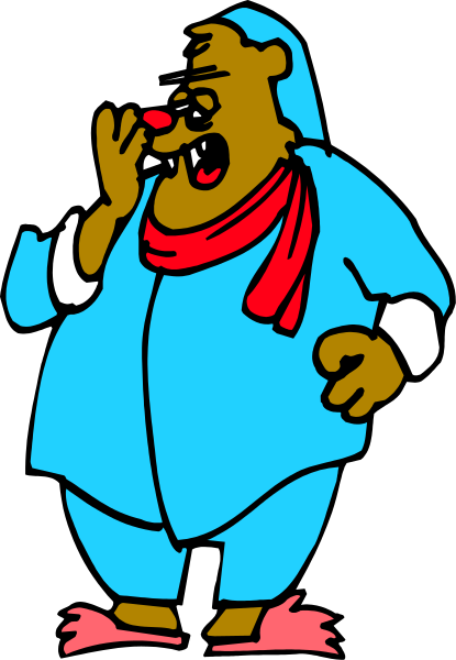 The cartoon depicts a character with exaggerated features singing into an unseen microphone while wearing blue pajamas and holding his hands to either side of him in front of what appears to be a black background, possibly indicating that he is on stage performing or about to perform.