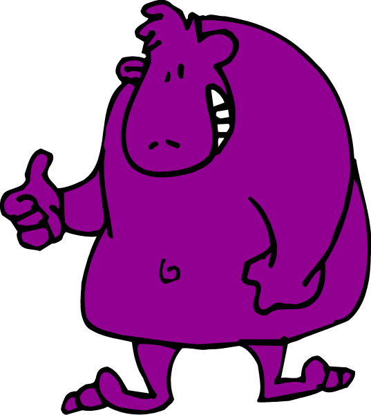 The image shows a cartoon of an anthropomorphic purple hippopotamus giving a thumbs-up gesture with one hand while walking forward in what appears to be a stylized outdoor environment.