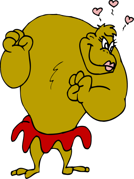 The cartoon shows a muscular man with exaggerated features standing on two legs next to an anthropomorphic dog character that is also depicted in human form but has canine characteristics such as furry ears and tail, wearing what appears to be ancient Roman clothing including a tunic and laurels.