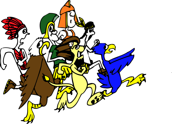 The image shows a group of cartoon characters that appear to be anthropomorphic birds with human characteristics; some have wings while others do not. They seem to be in motion as if running towards something off-frame, and there is one character who appears to be flying or gliding above the rest on what looks like an outstretched wing. The background of this scene has a dark color scheme that contrasts with their brightly colored bodies.
