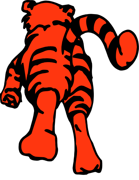 The image shows a red tiger character standing upright on its hind legs with an arm extended forward against a black background.