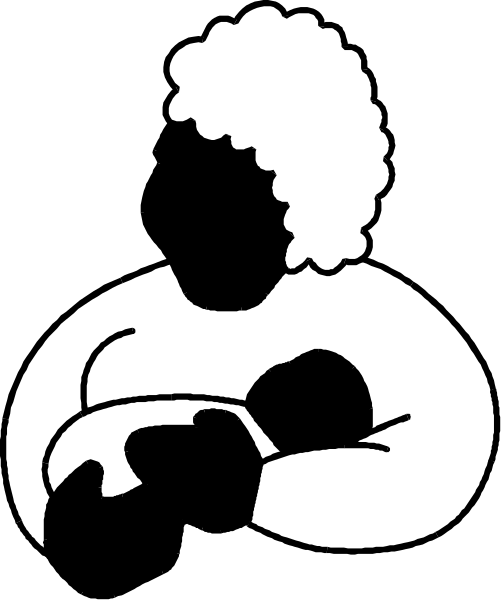 The black and white silhouette of a woman holding an infant while standing next to what appears to be another person who is also carrying something in their arms; both figures seem to have hair that resembles waves, suggesting movement or wind.