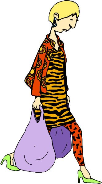 The illustration shows a person walking with shopping bags on both hands while wearing patterned clothing; there is no text present in this image.
