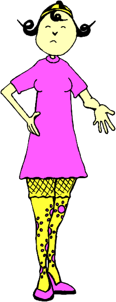 The image shows a cartoon of an animated woman with exaggerated features standing against a white background; she is wearing fishnet stockings, has polka dots on her dress, and holds one hand out to the side while looking downward.