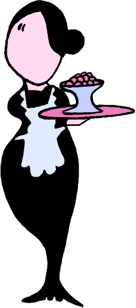 The image shows a cartoon of an animated character who appears to be female with exaggerated features such as large eyes and small mouths; she is holding what looks like a tray filled with food items in her hands, suggesting that this could represent someone serving at a restaurant or bakery setting.