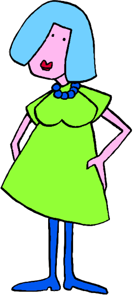 The image shows a cartoon of an animated female character with blue hair wearing glasses standing next to a brown wall on which there is no other visible content.