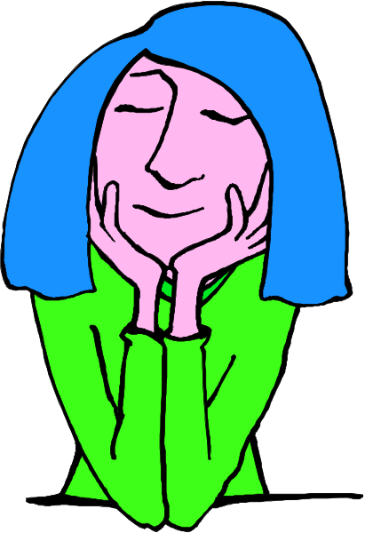 The illustration shows a woman with blue hair leaning on her hand while sitting at what appears to be an outdoor table during daylight hours.
