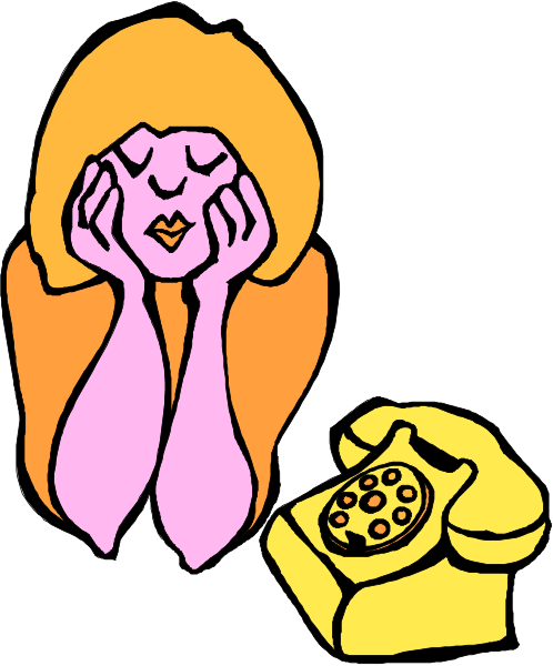 The illustration shows a woman with her hands on either side of her face looking downward while sitting next to an old-fashioned telephone that is off hook; she appears distressed or upset.