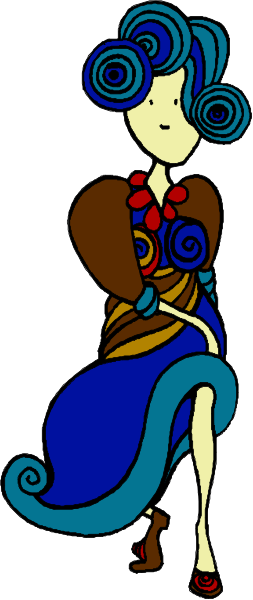 The image shows a cartoon of an animated character with blue hair sitting on her hand while wearing a dress that has swirls in shades of purple and teal; she is also adorned with red jewelry, including earrings and necklace pieces hanging from them.