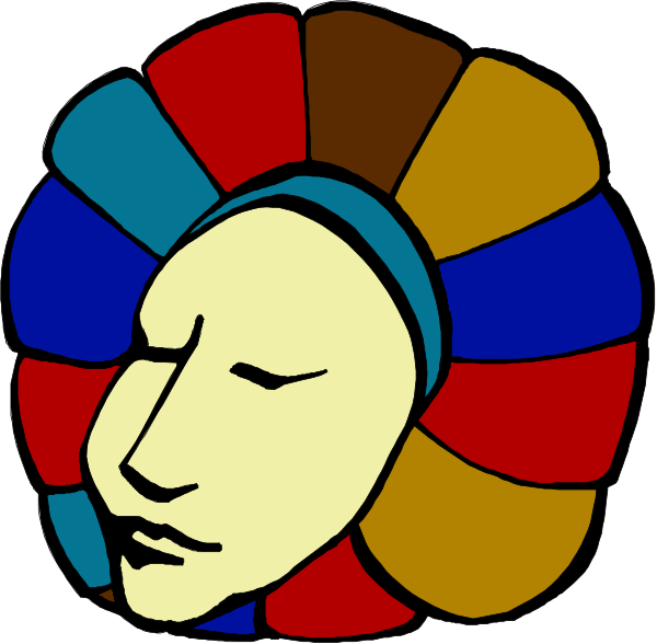The image shows two stylized faces with a colorful background that resembles an abstract sunburst pattern.