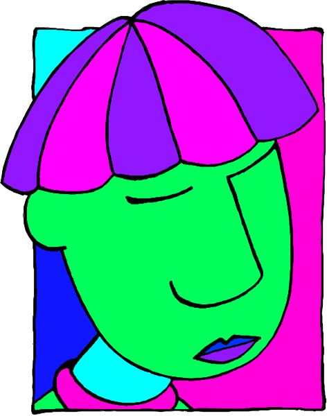 The image shows a colorful cartoon of an animated character with purple hair wearing glasses, depicted against a multicolored background that includes shades of blue, pink, green, yellow, red, orange, white and black.