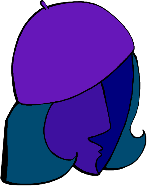 The image shows a stylized illustration of an individual with purple hair wearing a blue hat against a white background.