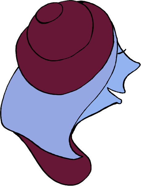 The image shows a cartoon of an animated character with purple hair wearing glasses on top of their head; it is stylized in black-and-white line drawing form against a white background.