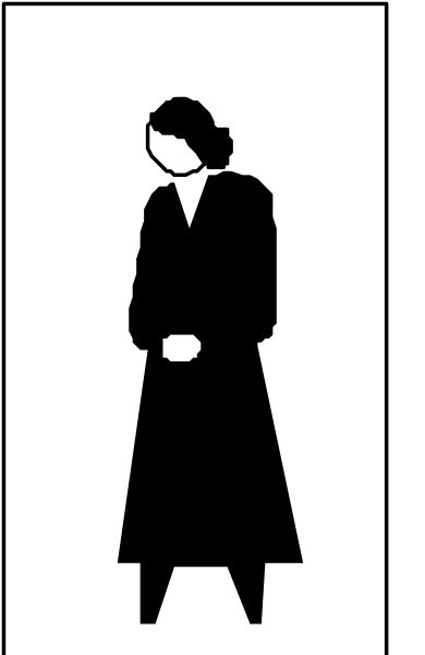 The black silhouette of a person standing against a white background with their hands clasped together at waist level.
