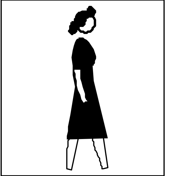 The image shows a black silhouette of two figures: an adult woman standing to her right with legs apart from each other in front view; above this figure is another smaller one showing only its head looking down, also depicted as a female profile facing leftward.