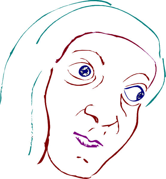The image shows a black and white line drawing of an elderly woman with blue eyes looking to her left side.