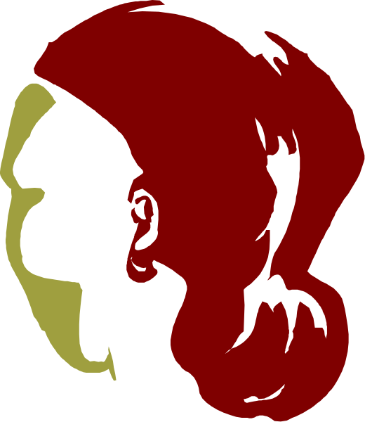 The image shows a black silhouette of a person's head with red hair against an orange background on the left side; there is no text present in this clip-art illustration.