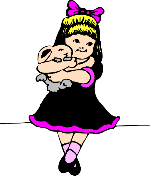 The black and white illustration shows a cartoon girl holding an animal that appears to be either a dog or cat with its head resting on her shoulder while she is standing against a dark background; there's no text present in this image.