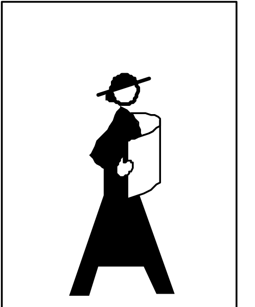 The black and white silhouette of a person holding an umbrella on top of their head while standing next to a sign with text that reads "A".