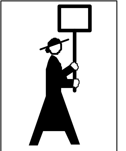 The black and white icon depicts a person holding up an open sign with their left hand while standing on what appears to be a sidewalk next to some text that is too small for me to read clearly in this image, which seems like it could represent protesting or demonstrating against something based on the context of signs.