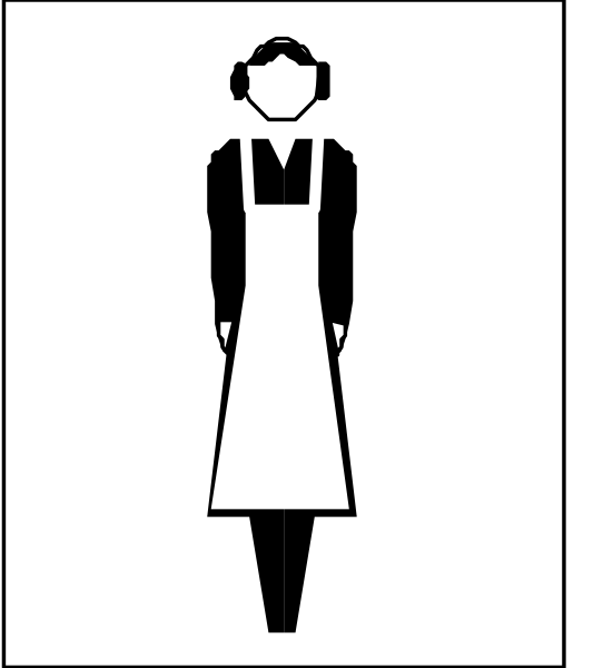The black and white silhouette of a woman wearing an apron standing next to a sign with her gender symbolized by a dress icon above it.