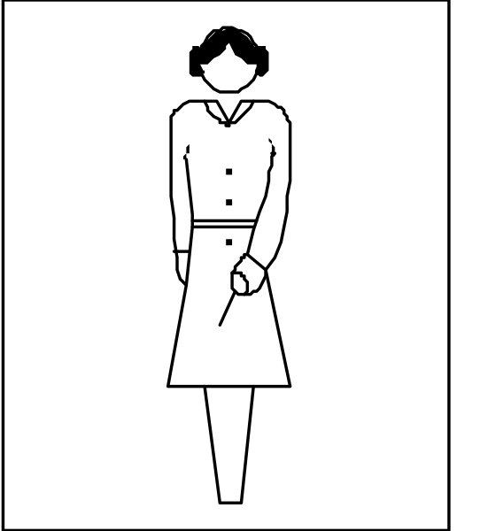 The image shows a black and white line drawing of an iconic female figure from midcentury fashion history wearing a dress with a belted waist, standing against a plain background that is divided into two shades by color contrasts on either side.
