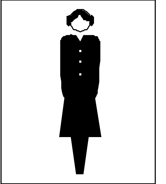 The image shows a black silhouette of an adult woman standing against a white background with her arms crossed over herself; she is wearing what appears to be a coat that reaches past mid-thigh length.