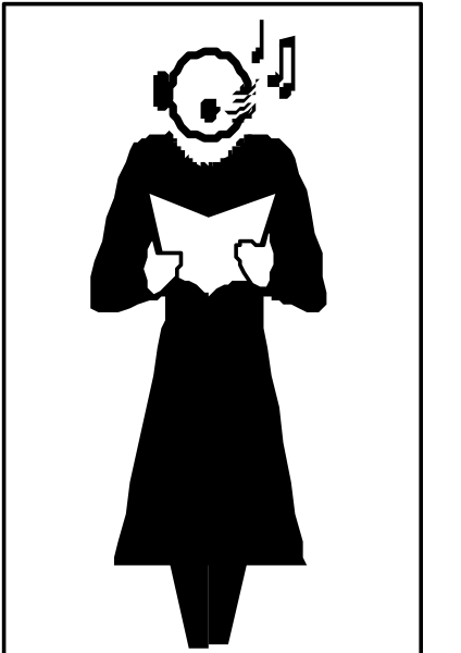 The black and white silhouette of a person holding an open book while standing next to what appears to be a window with curtains drawn back in front of it.