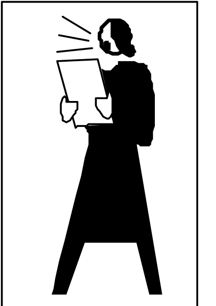 The black and white icon shows a person holding an open book with their face obscured by it; above them is another figure that appears to be speaking into a microphone while gesturing towards something in front of them, which could represent information being shared from the book below.