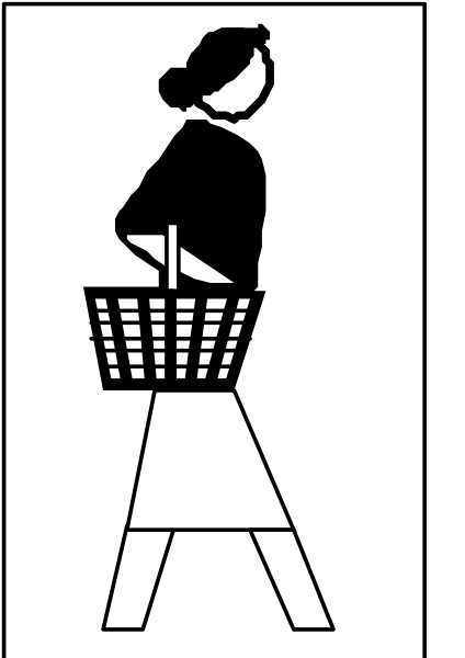 The black and white illustration shows a person pushing an empty shopping cart with wheels on it while standing next to what appears to be a small table.