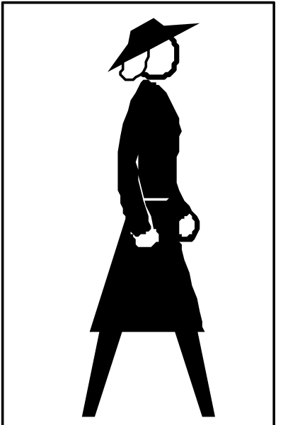 The black and white silhouette of a person standing upright with their arms at sides against an unadorned background.