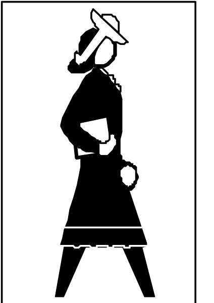 The black and white silhouette of a woman standing with her hands on hips against an abstract background that resembles paper texture.