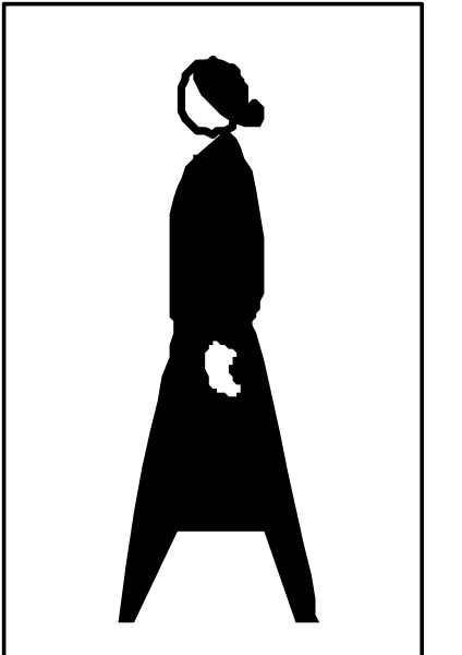 The black and white silhouette of a person standing on stilts with their arms outstretched against an unadorned background.
