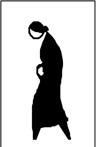The black silhouette of a person standing with their arms crossed against an abstract background that transitions from white to gray at the bottom right corner.
