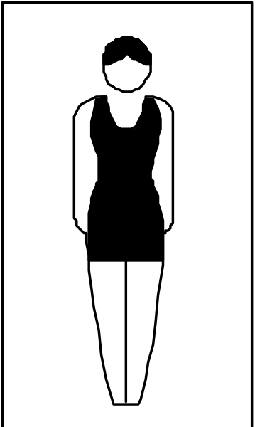 The image shows a black silhouette of an adult female figure standing against a checkered background with her arms at sides; she is wearing shorts and has short hair.