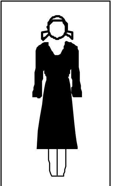 The image shows a black silhouette of an adult woman standing on what appears to be a sidewalk with her back turned towards us; she is wearing long sleeves and has short hair.