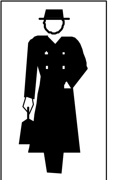 The black and white silhouette of a man wearing a hat standing next to an umbrella on what appears to be a sidewalk in front of a building with windows.