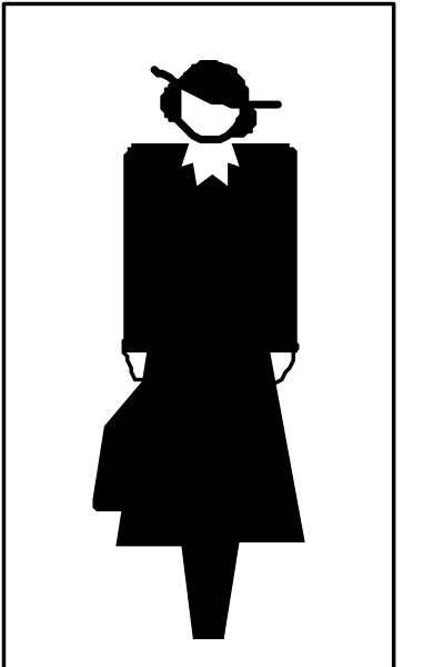 The black and white silhouette of a person standing next to an open door with their back turned towards it.