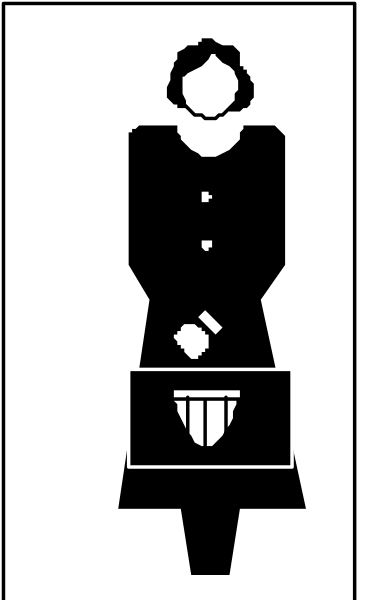 The black and white silhouette of a person on a bicycle with an attached basket behind them.