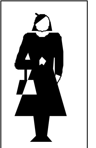 The black and white silhouette of a person standing next to an object that resembles a handbag with handles on either side.