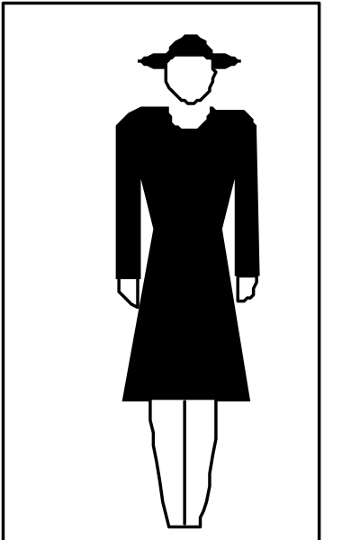 The image shows a black silhouette of an adult female figure wearing a dress with long sleeves standing next to what appears to be a male symbol on top of it in white coloring against a gray background, suggesting that this is likely part of some sort of iconography or signage system meant for accessibility purposes.