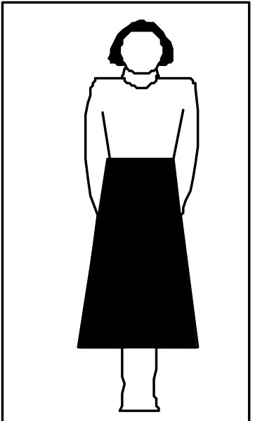 The black and white silhouette of a person standing with their back to us wearing an A-line skirt.