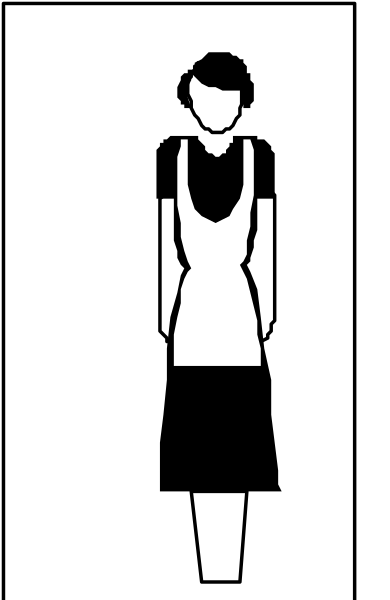 The black and white silhouette of a person standing next to an icon representing a woman's dress on what appears to be a sign with text that is too small for me to read clearly in this image.