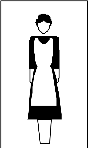 The image shows a black and white silhouette of an adult female figure standing next to what appears to be a door frame with two vertical lines on either side.