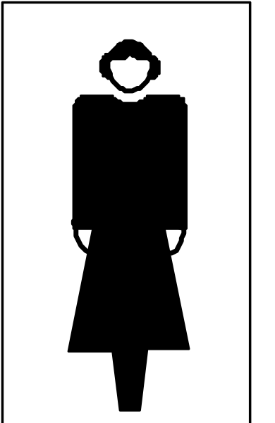 The black silhouette of a woman standing next to an open door with her back turned towards it.