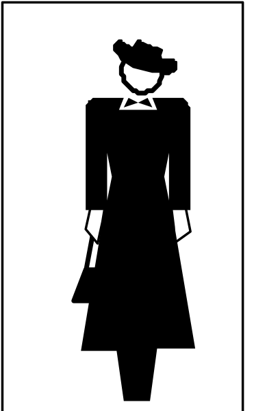 The black and white silhouette of a woman walking down a street with her skirt flowing behind her.