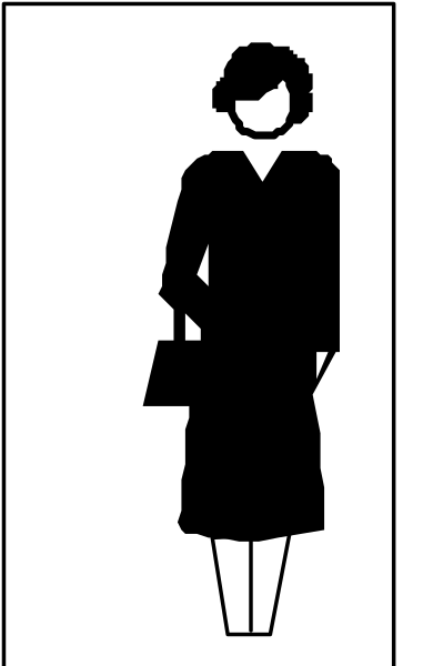 The black silhouette of a woman standing on sidewalk with handbag at her side against white background.