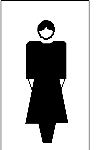 The image shows a black silhouette of an adult female figure standing on what appears to be a sidewalk next to a building with windows in a stylized representation that is likely used for signage purposes due to its simple and iconic design, which conveys information without relying heavily on color or detail.
