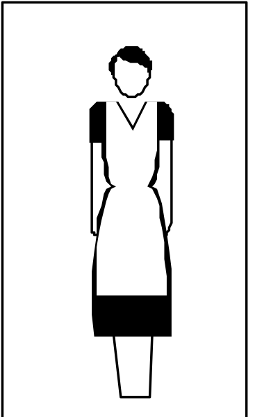 The image shows a black silhouette of an adult female figure standing against a white background with her hands at sides; she is wearing what appears to be a dress shirt without sleeves over a dark top underneath, and there's no visible face detailing features or expression.